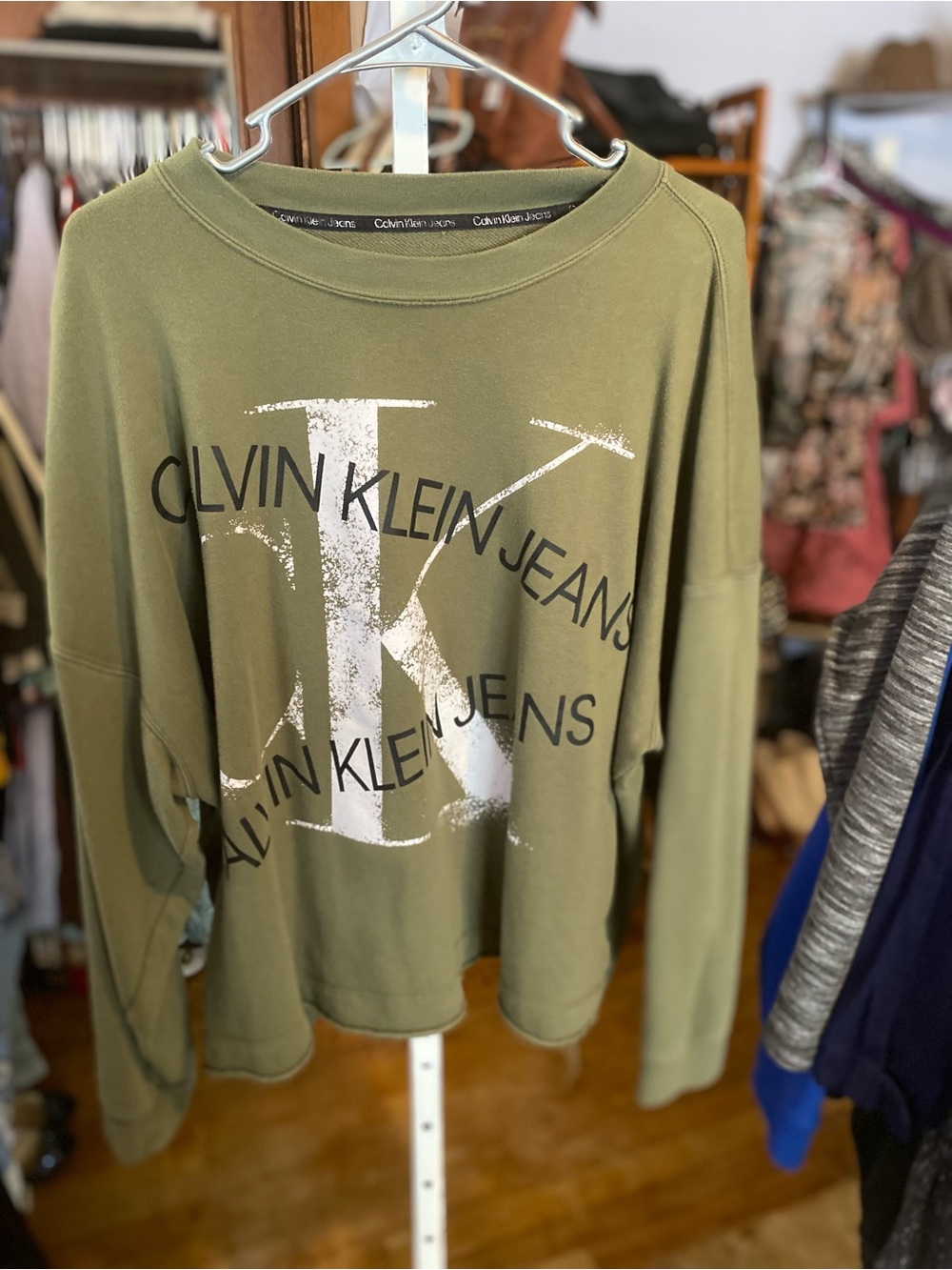 Calvin Klein Olive Green Logo Crew Sweatshirt with raw hem crop
